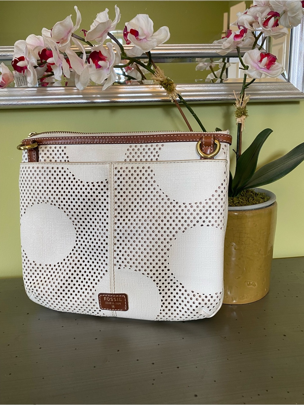 Fossil White Crossbody with Brown Trim and Gold Hardware
